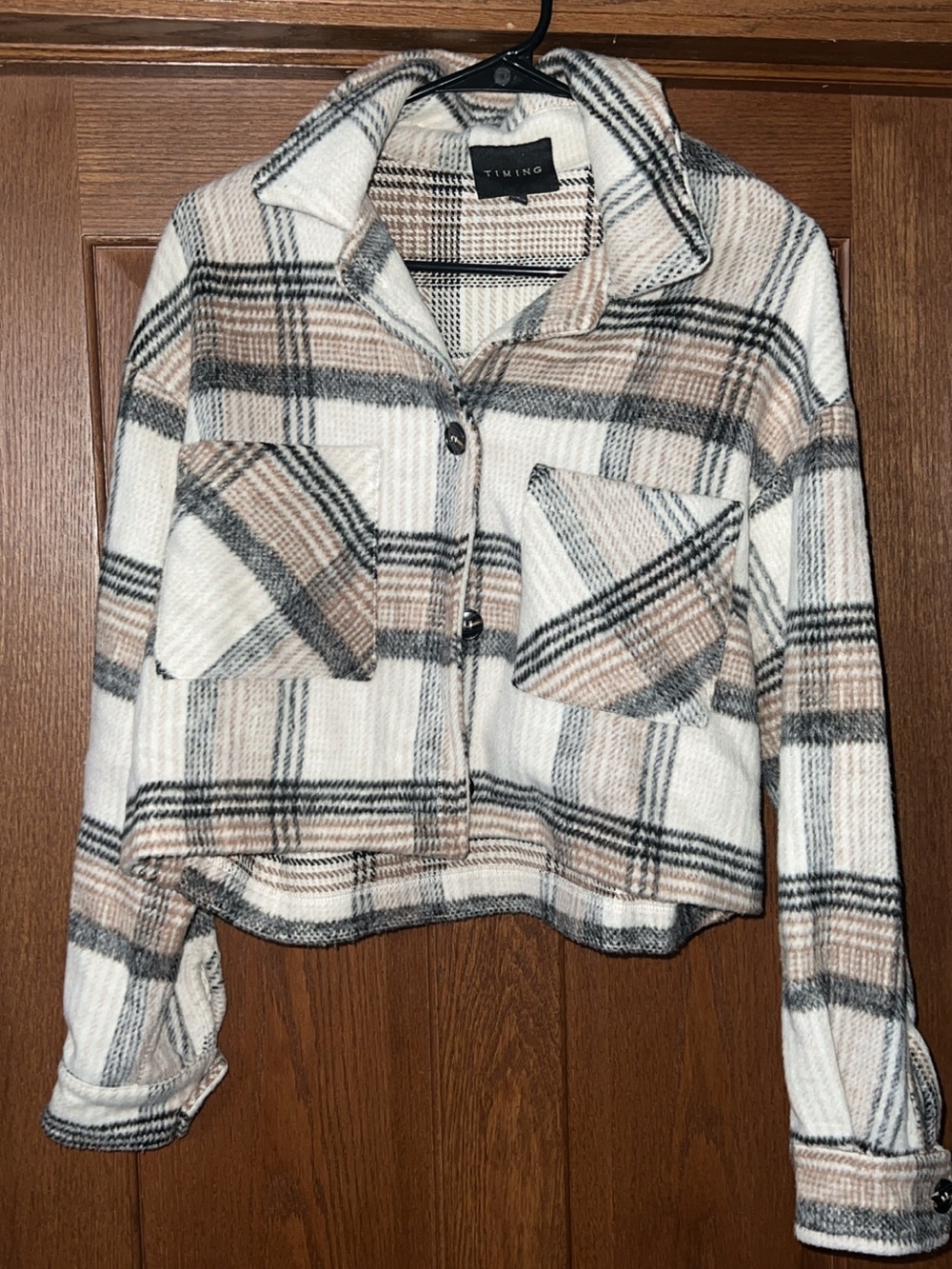 TIMING Neutral Plaid Cropped Jacket in Cream and Brown